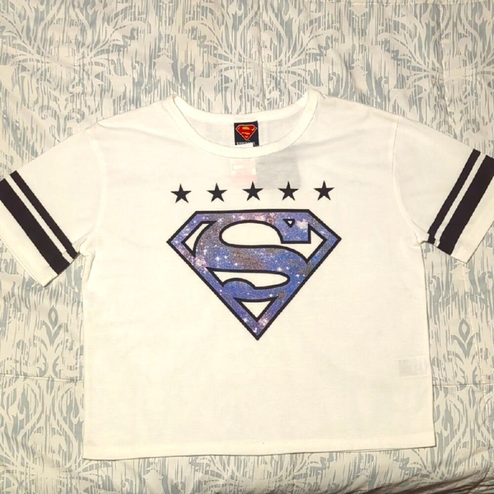 Rare DC Comics White Supergirl Logo Black Stars Stripes Crop T-shirt Medium